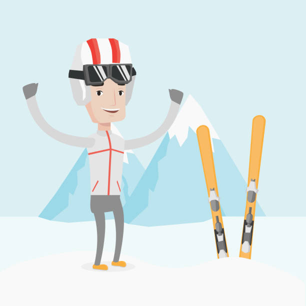 веселый лыжник, стоящий с поднятыми руками - mono ski stock illustrations