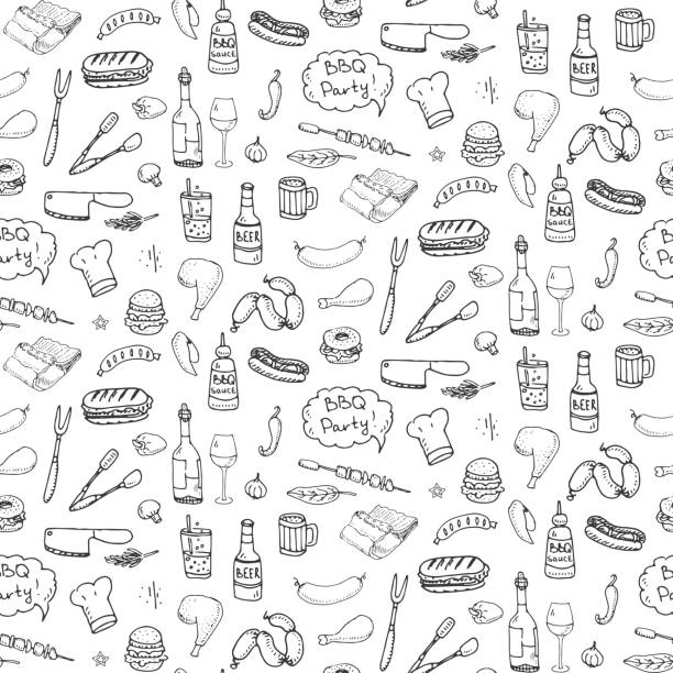Seamless pattern with hand drawn doodle BBQ icons set. Vector illustration summer barbecue symbols collection Cartoon meals, drinks, ingredients and decoration elements on white background Sketch Seamless pattern with hand drawn doodle BBQ icons set. Vector illustration summer barbecue symbols collection Cartoon meals, drinks, ingredients and decoration elements on white background Sketch chef borders stock illustrations