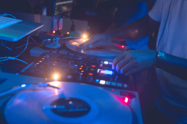 istock Males DJ playing party music 648659566