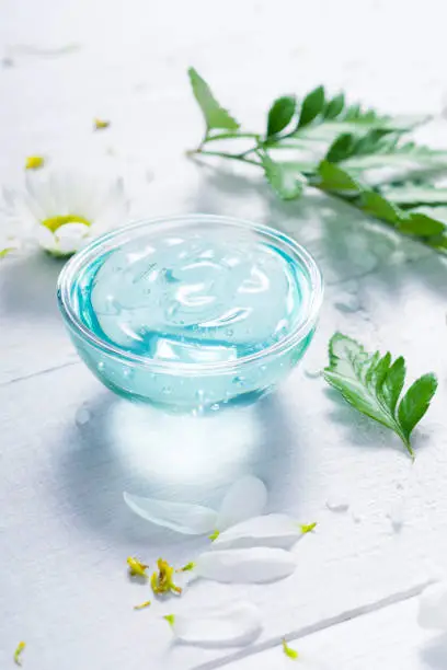 spa setting with cosmetic cream, gel, bath salt and fern leaves on white wooden table background