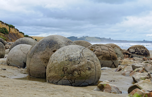 Moeraki Boulders are large, spherical boulders lying on the Koekohe Beach at Moeraki on the South Island of New Zealand