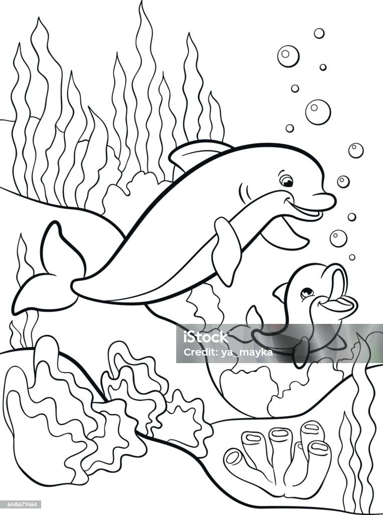 Coloring pages. Marine wild animals. Mother dolphin swims with her little cute baby dolphin. Coloring pages. Marine wild animals. Mother dolphin swims with her little cute baby dolphin underwater. Dolphin stock vector
