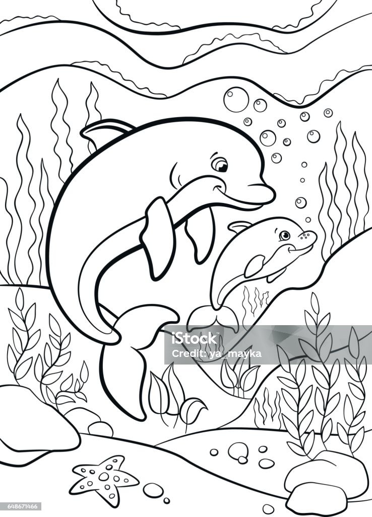 Coloring pages. Marine wild animals. Mother dolphin swims with her little cute baby dolphin. Coloring pages. Marine wild animals. Mother dolphin swims with her little cute baby dolphin underwater. Animal stock vector