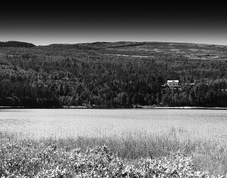 Norway cottage on lake landscape background hd