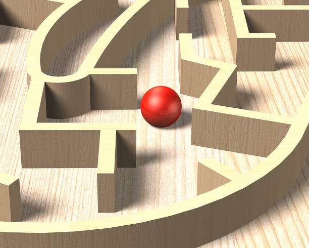 istock Red ball in wooden maze, 3D illustration 648672338