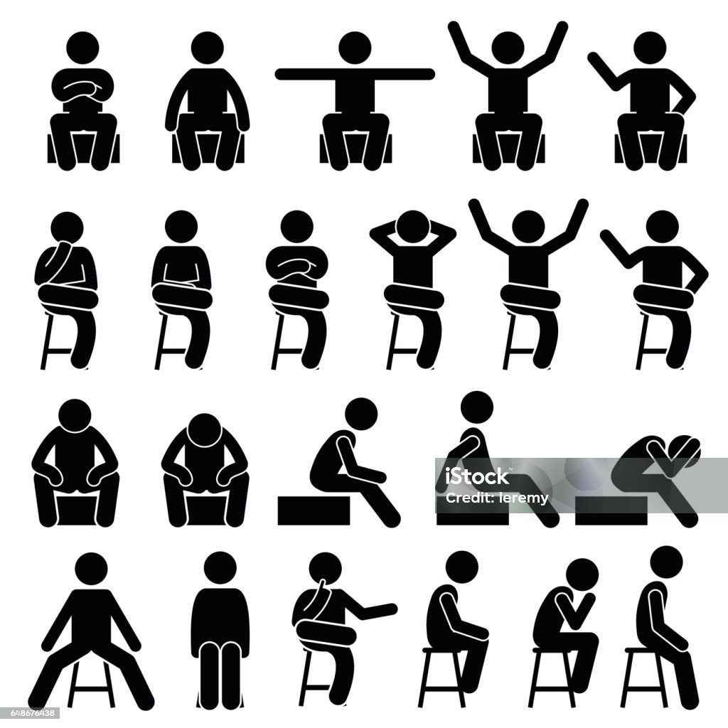 Auf Stuhl sitzend stellt Haltungen menschlichen Strichmännchen Piktogramm - Lizenzfrei Sitzen Vektorgrafik