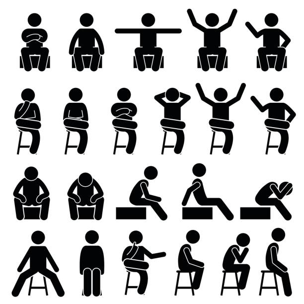 ilustrações de stock, clip art, desenhos animados e ícones de sitting on chair poses postures human stick figure pictogram - square stance