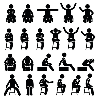 Stickman person posing in various sitting on a chair postures.