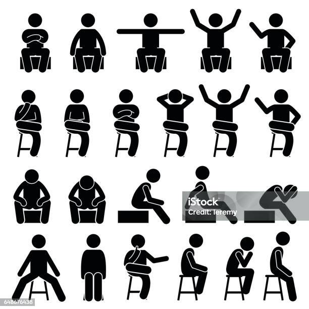 Sitting On Chair Poses Postures Human Stick Figure Pictogram Stock Illustration - Download Image Now