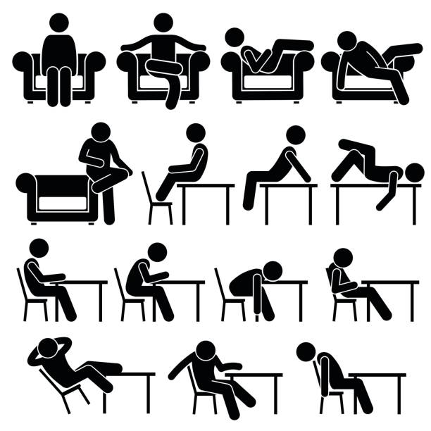 Sitting on Sofa Couch Working Chair Lounge Table Poses Postures Human Pictogram Stickman person posing in various sitting on chair, couch, lounge, and table postures. couch side view stock illustrations