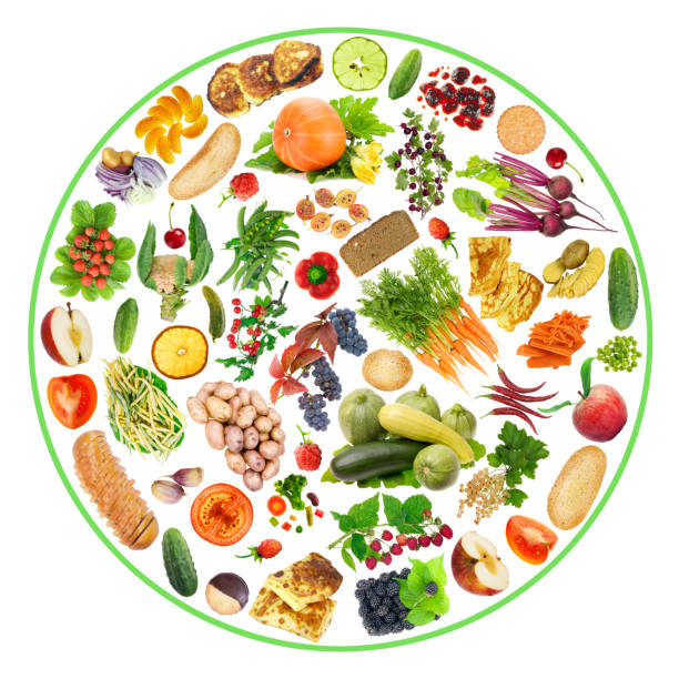 istock Vegetarian bio ecological food - fruit, vegetables and bread on my plate concept. Circle isolated handmade collage 648676536