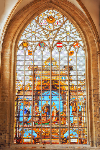 Brussels, Belgium - July 07, 2016 : Stained glass inside Cathedral of St. Michael and St. Gudula  is a Roman Catholic church in Brussels, Belgium.