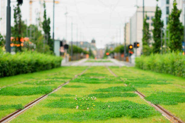 Oslo railway with green grass background stock photo