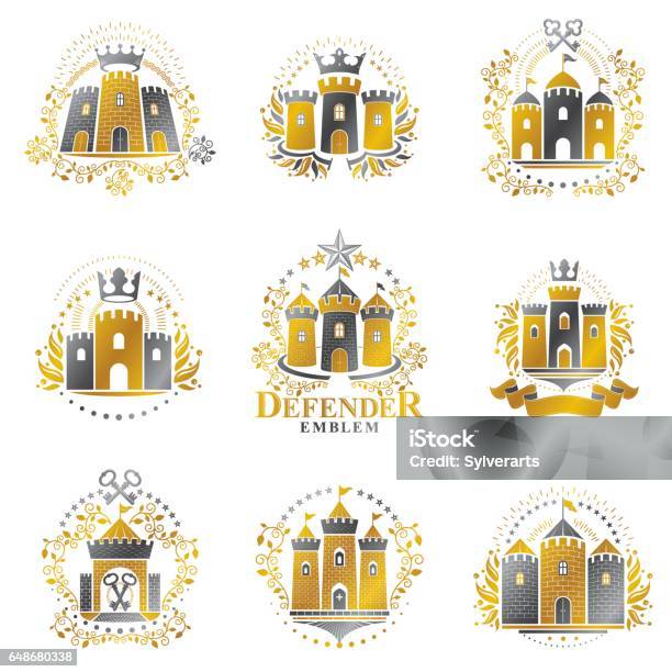 Heraldic Castle Rampart Ancient Castles Emblems Set Heraldic Coat Of Arms Decorative Logos ...