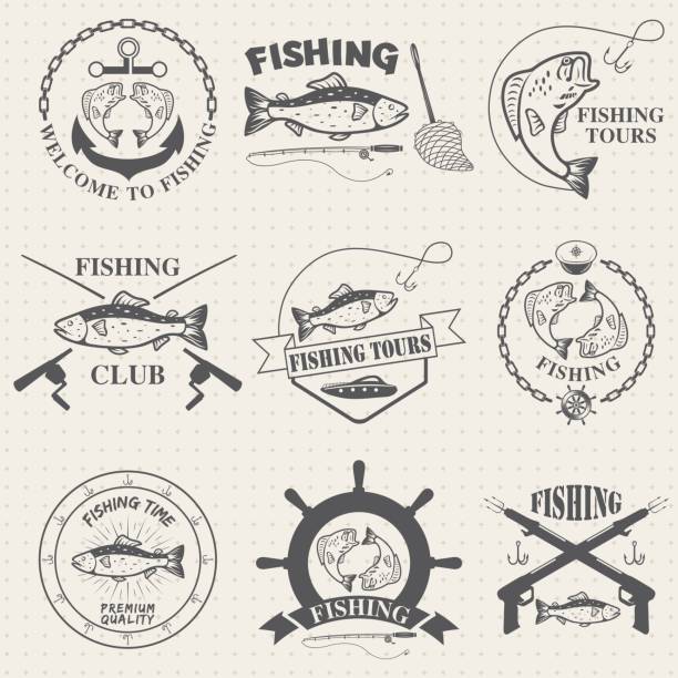 illustrazioni stock, clip art, cartoni animati e icone di tendenza di set di etichette da pesca vintage, badge - università del wisconsin madison immagine