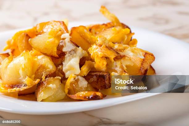 Fries With Smashed Eggs On White Plate Stock Photo - Download Image Now - Egg - Food, Prepared Potato, Broken