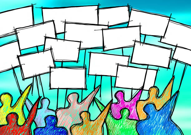A group of people show many blank placards