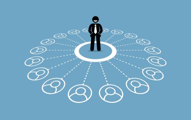 Businessman with many contacts and strong business network. Vector artwork depicts social media marketing, community network, and business relationship. multi level marketing stock illustrations
