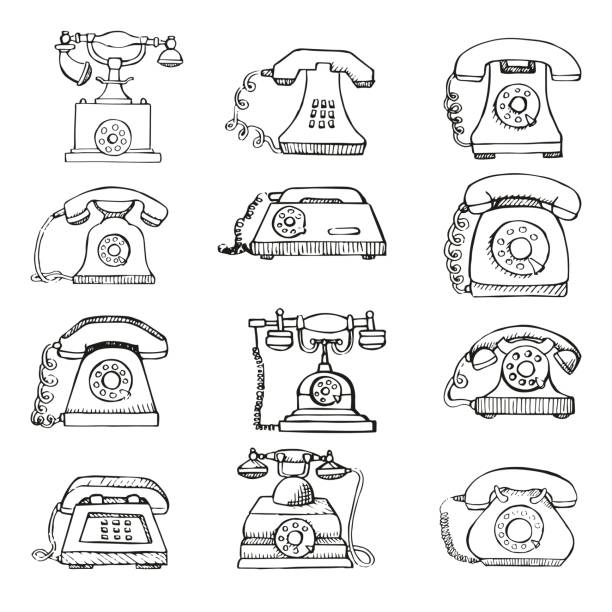 白い背景に分離したセット レトロ電話のスケッチ。ベクトルの図。 - vintage telephone点のイラスト素材／クリップアート素材／マンガ素材／アイコン素材