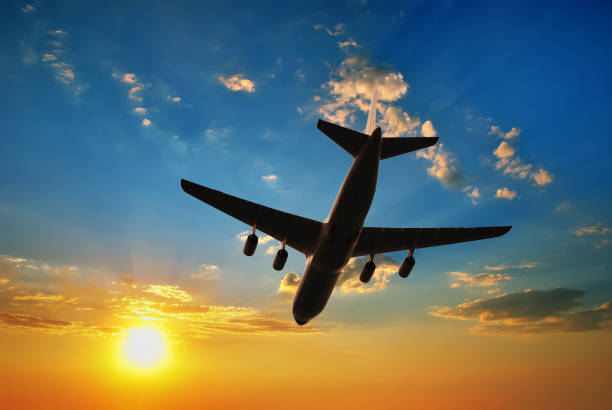 istock Airplane silhouette in sunset sky. 648696444