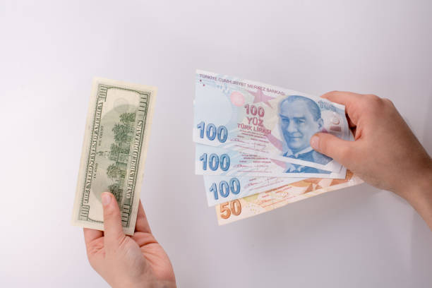 istock Hands holding American dollar and Turksh Lira banknotes 648700506