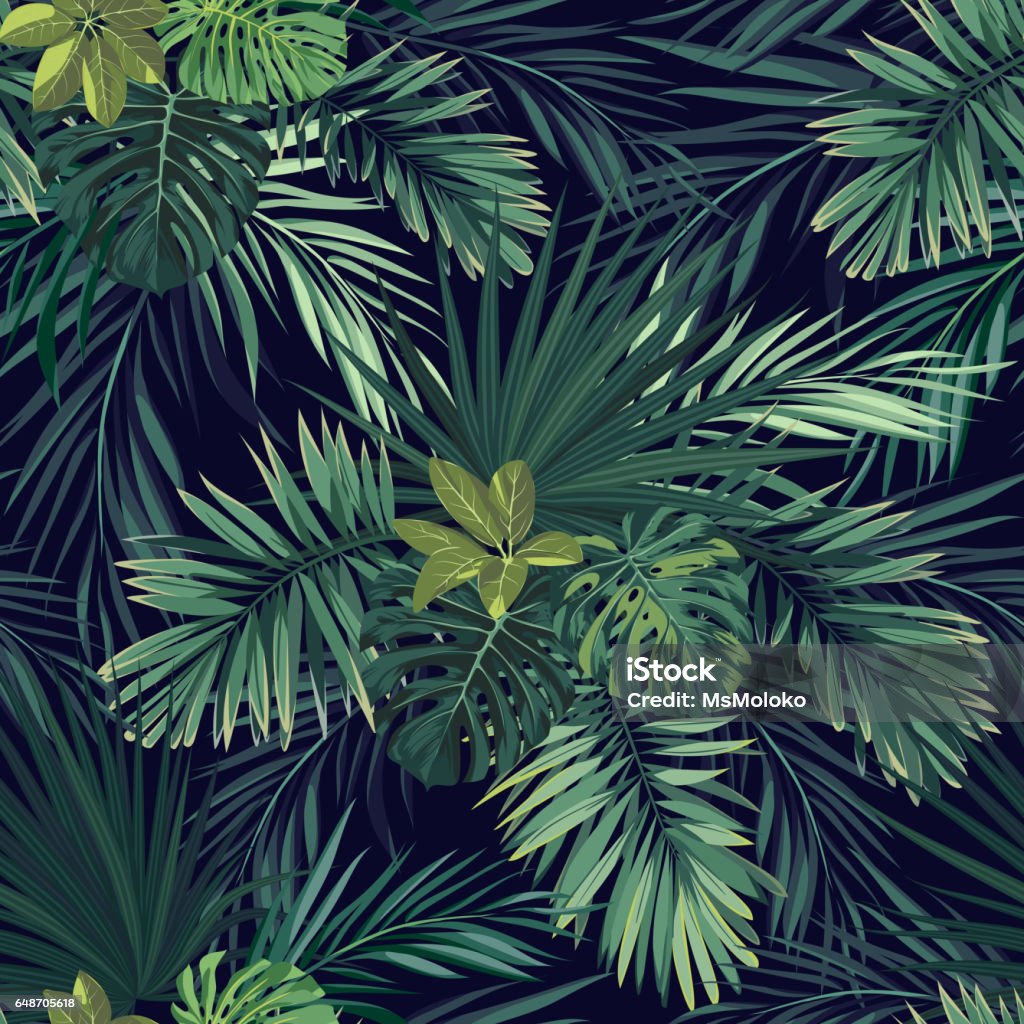 Seamless hand drawn botanical exotic vector pattern with green palm leaves on dark background Seamless hand drawn botanical exotic pattern with green palm leaves on dark background. Vector illustration. Leaf stock vector