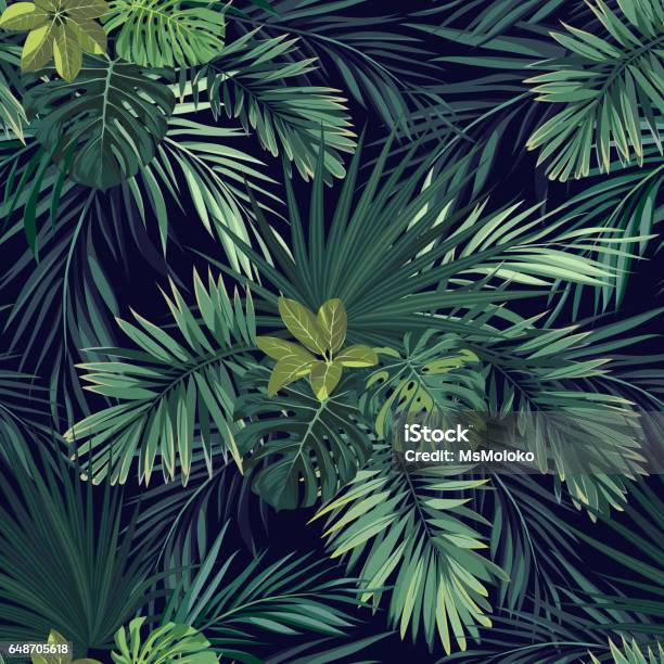 Seamless Hand Drawn Botanical Exotic Vector Pattern With Green Palm Leaves On Dark Background Stock Illustration - Download Image Now