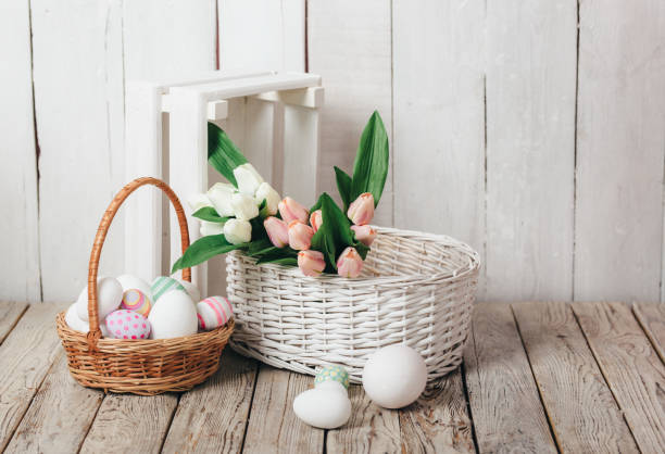 istock Vintage easter decoration with eggs and tulip flowers 648709908