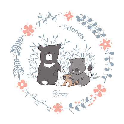 doodle set of best friends cute rabbit, bear, raccoon and wild boar in floral frames hand drawing vector illustration for kid t-shirt print, greeting and invitation card