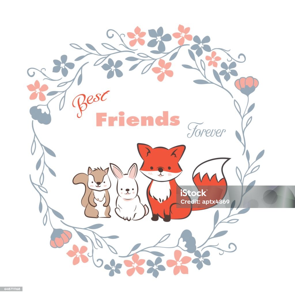 Doodle Set Of Best Friends Forever Cute Fox Rabbit And Squirrel In ...