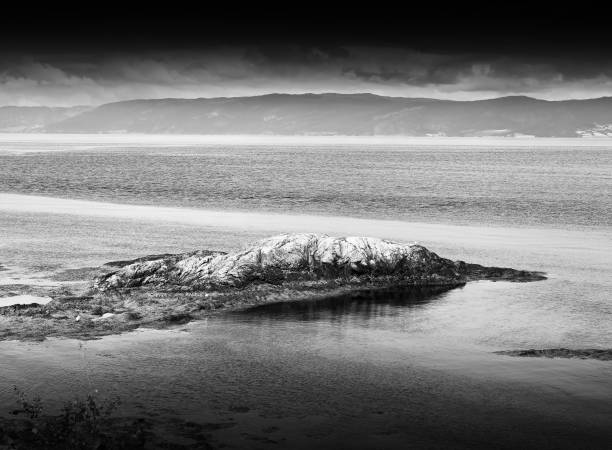 istock Black and white Norway island landscape background 648720494