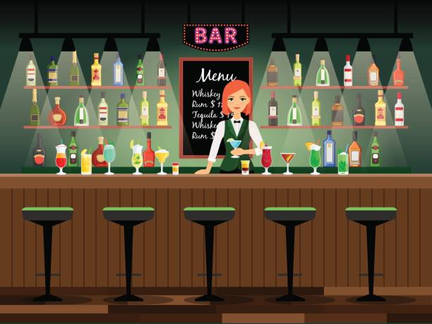 Bar Counter With Bartender Lady Stock Illustration - Download Image Now -  Bartender, Cartoon, Bar - Drink Establishment - iStock