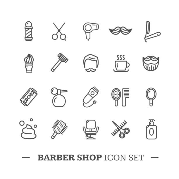 Barber Shop Icon Thin Line Set. Vector Barber Shop Icon Thin Line Set Style Equipment for Shaving and Grooming. Vector illustration barber shop stock illustrations