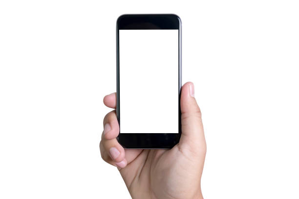 Isolated female hand holding a phone with white screen top view
