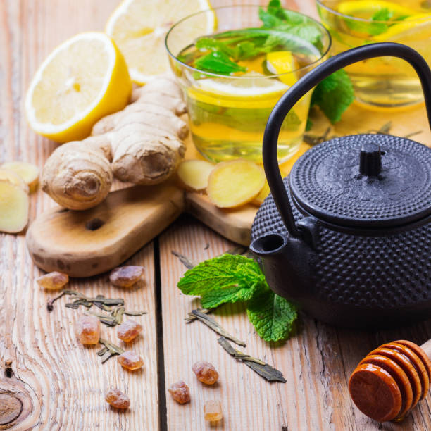 istock Japanese chinese tea teapot lemon mint 648724602