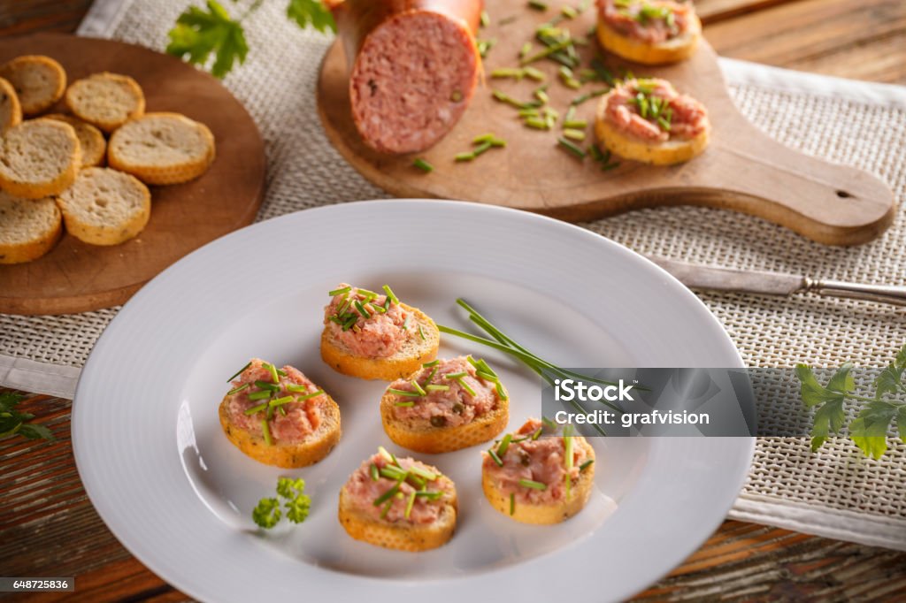 Bruschetta with meat spread Bruschetta with meat spread make for appetizer plate Appetizer Plate Stock Photo