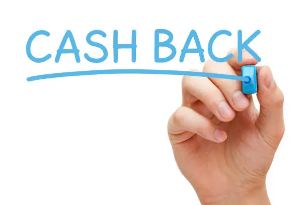 Hand writing Cash Back with blue marker on transparent glass board.