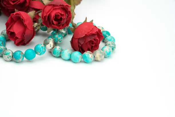 Photo of Variscite Round Bead Stretchy Bangle Bracelets with red roses on white background