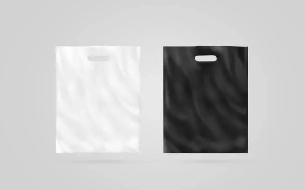Blank plastic bag mock up set isolated, black and white, 3d illustration. Empty polyethylene package mockup. Consumer pack for logo design or identity presentation. Commercial product food packet
