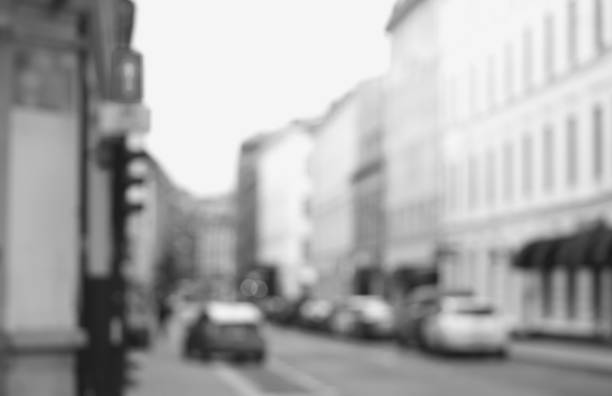 istock Black and white Oslo streets bokeh background 648741974