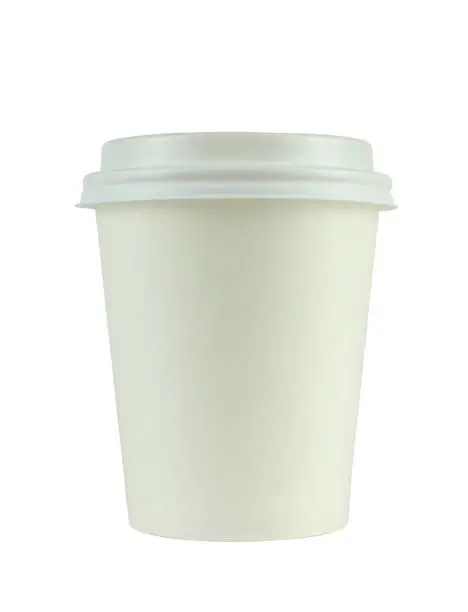 White cardboard container for coffee or hot drinks with a lid, isolated on white background