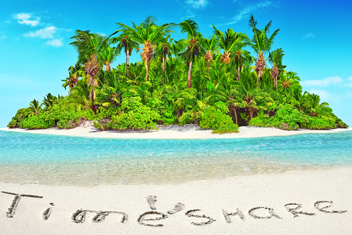 Whole tropical island within atoll in tropical Ocean. Uninhabited and wild subtropical isle with palm trees. Inscription \