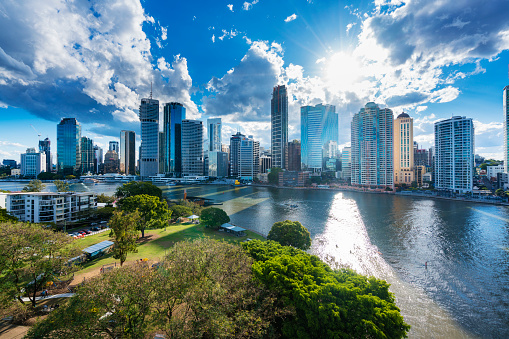 Brisbane, Australia - September 25, 2016: View of Brisbane city skyline and Brisbane river in late afternoon