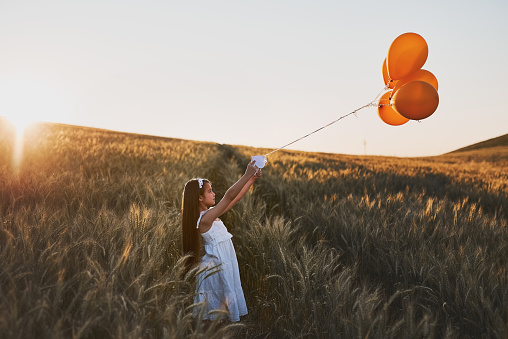 Shot of a cute little girl attaching a letter to a bunch of balloons while standing in a cornfield