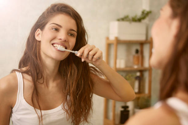 Brushing the teeths in the morning stock photo