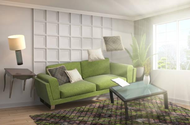 istock Zero Gravity furniture hovering in living room. 3D Illustration 648777192