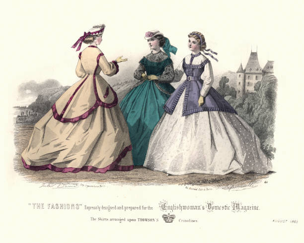 Victorian ladies fashions of the 1860s, Crinolines and Hoopskirts Vintage engraving of Victorian women wearing  Crinolines and Hoopskirts, 1860s grass skirt stock illustrations