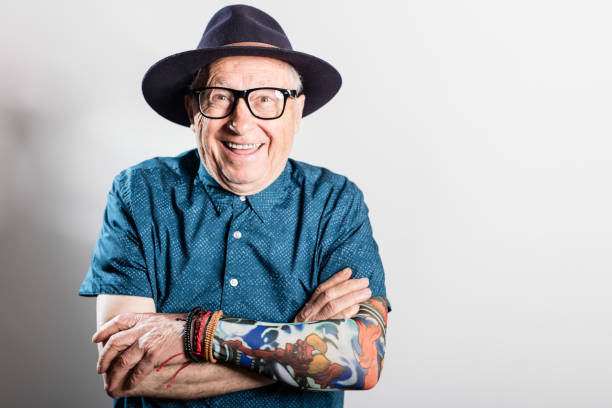 Very happy seniar man looking at camera and smiling, copyspace