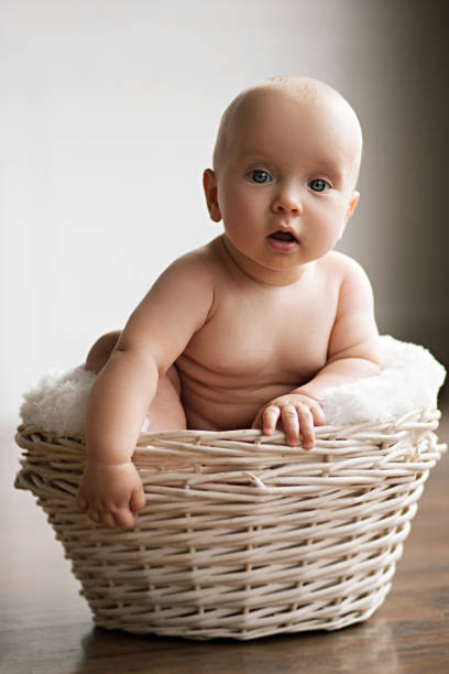istock Small baby sits in a wicker basket. 648792192