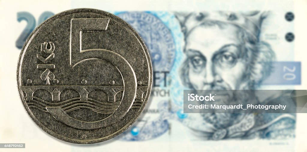 5 koruna coin against 20 czech koruna bank note obverse Backgrounds Stock Photo